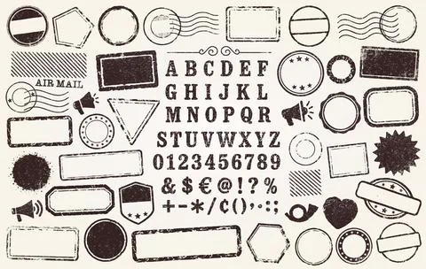 Retro Grunge postage Stamps frames vector shape set with letters Illustrazione stock