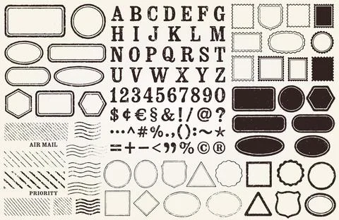 Retro Grunge postage Stamps frames vector shape set with letters Stock Illustration