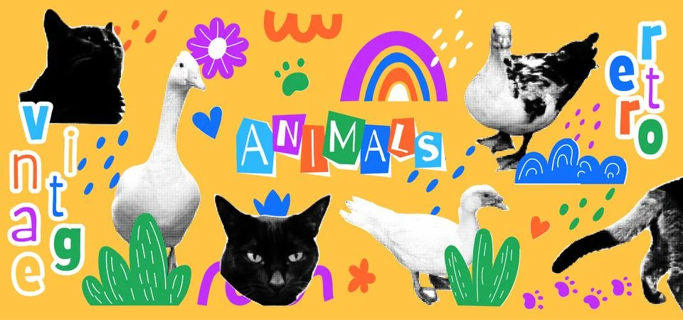 Retro halftone animals. Collage effect banner. Dotted goose or cat. Fashion Stock Illustration