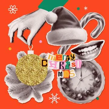 Retro halftone Christmas collage elements set - hand with ball, Santa hat, clock Stock Illustration