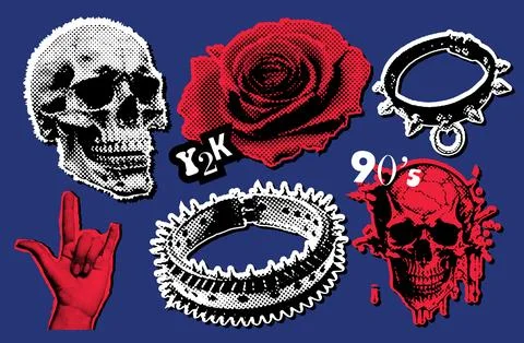 Retro halftone collage elements for Halloween mixed media design. Collar with Illustrazione stock