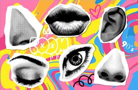 Retro halftone collage elements set for mixed media design. Eyes, lips, nose and Stock Illustration