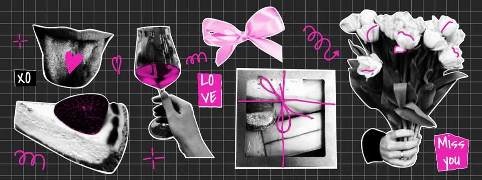 Retro halftone collage elements. Valentine's Day concept. Lips, cheesecake,.. Illustrazione stock