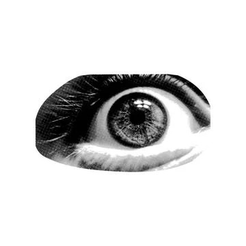 Retro halftone collage with human eye. Vintage pop art dotted texture and g.. Stock Illustration