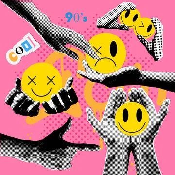 Retro halftone effect collage elements set with hands and cutout paper shapes Stock Illustration