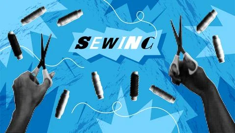 Retro halftone sewing. Hands with scissors. Craft collage. Thread spools and Stock Illustration