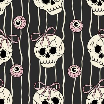 Retro Halloween Coquette Seamless Pattern Vector Background Skull Eyeball Eye Stock Illustration