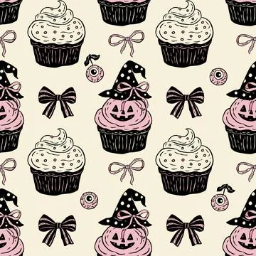 Retro Halloween Cupcake Pattern With Witch Hat And Bows In Vintage Seamless Stock Illustration