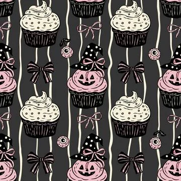 Retro Halloween Cupcake Pattern With Witch Hat And Bows In Vintage Seamless Stock Illustration