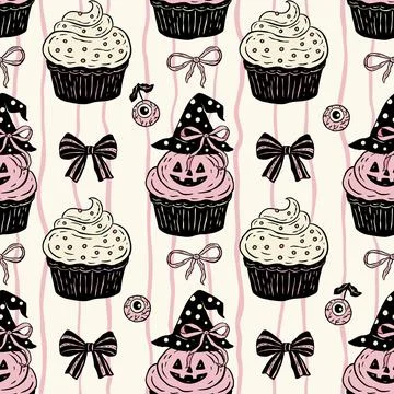 Retro Halloween Cupcake Pattern With Witch Hat And Bows In Vintage Seamless Stock Illustration