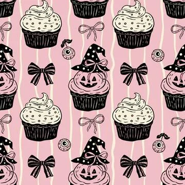 Retro Halloween Cupcake Pattern With Witch Hat And Bows In Vintage Seamless Illustrazione stock