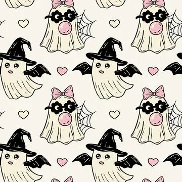 Retro Halloween Cute Ghost, Witch Hat And Heart Seamless Pattern Vector 스톡 일러스트
