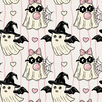 Retro Halloween Cute Ghost, Witch Hat And Heart Seamless Pattern Vector 스톡 일러스트