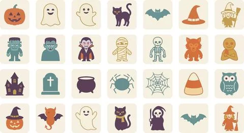 Retro Halloween icon set featuring classic monsters and spooky symbols in e.. Stock Illustration