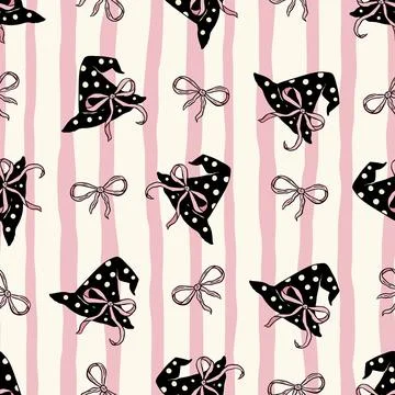 Retro Halloween Seamless Pattern Witch Hat And Pink Ribbon Coquette Vector Stock Illustration