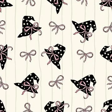 Retro Halloween Seamless Pattern Witch Hat And Pink Ribbon Coquette Vector Stock Illustration