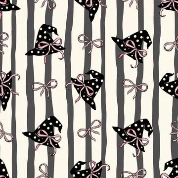 Retro Halloween Seamless Pattern Witch Hat And Pink Ribbon Coquette Vector Stock Illustration
