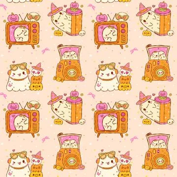 Retro Halloween Y2K Seamless Pattern, Cute Spooky Ghost Repeat Background C.. Stockillustratie