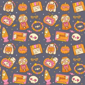 Retro Halloween Y2K Seamless Pattern, Cute Spooky Fun Repeat Background Car.. イラスト素材