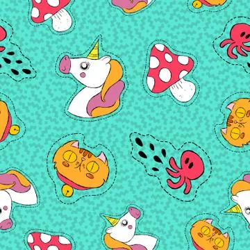 Retro hand drawn patch icon seamless pattern Stock Illustration