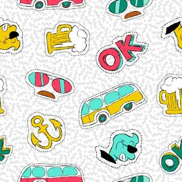 Retro hand drawn patch icon seamless pattern Stock Illustration