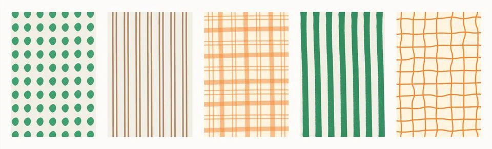 Retro hand drawn patterned backgrounds with polka dots, stripes, plaid, and grid Stock Illustration