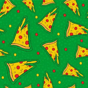 Retro hand drawn stitch patch pizza background Stock Illustration