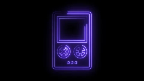 Retro handheld console with glowing neon lines on black background motion Stock Footage 322975862