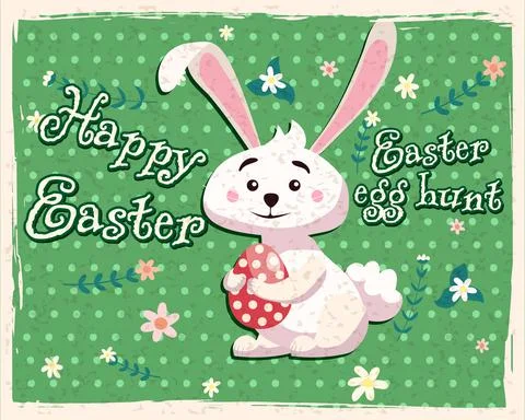 Retro Happy Easter poster. Greeting card with rabbit, bunny, egg. Vector Stockillustratie