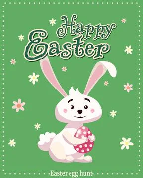 Retro Happy Easter poster. Greeting card with rabbit, bunny, egg. Vector Stockillustratie