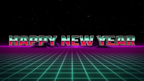 Retro happy new year text flying over neon grid floor with floor starry Stock Footage 343503970
