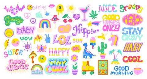 Retro happy sticker pack shape set 90s comic label smiling face groovy trendy Illustrazione stock