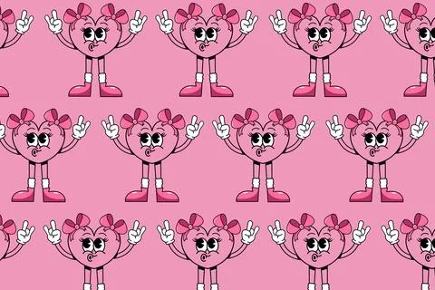 Retro heart outline pattern without fill with pink bows. Stock Illustration