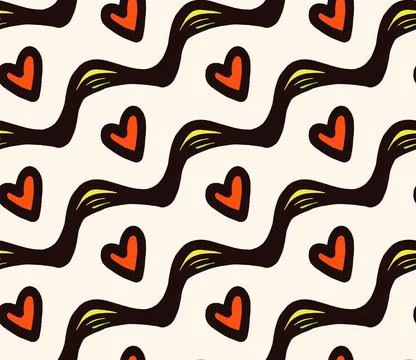 Retro Heart Pattern with Black Wavy Lines on Cream Background Stock Illustration