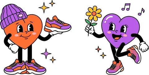 Retro Hearts Characters Dancing and Holding Sneaker and Flower Иллюстрация