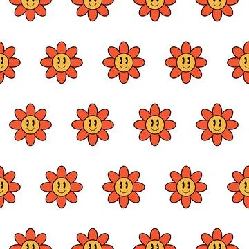 Retro hippie seamless pattern, smiley flowers, vector. Stock Illustration