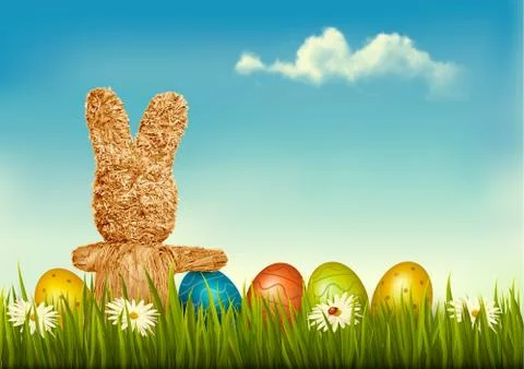 Retro holiday Easter background with straw rabbit and colorful eggs. Vector i Illustrazione stock