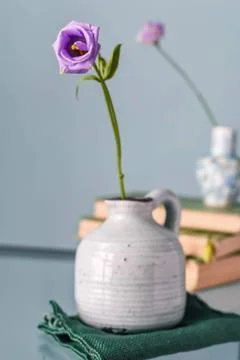 Retro home decor: a stack of books, flower in a vase Stock Photos
