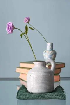 Retro home decor: a stack of books, flower in a vase Stock Photos