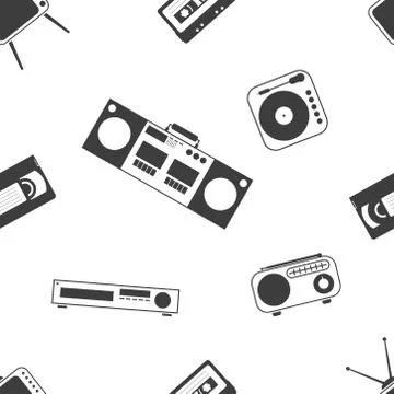 Retro home electronics set seamless pattern, black and white flat objects of  Stock Illustration