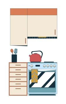 Retro homely kitchen interior with cabinets and stove 2D cartoon object Stock Illustration