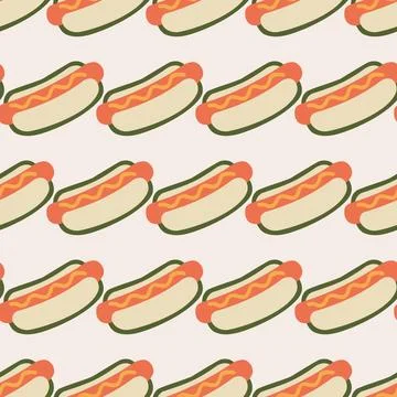 Retro Hot Dog Seamless Pattern, Vintage Fast Food Sausage Vector Repeating .. Illustration