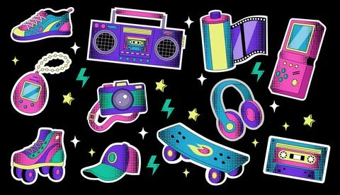 Retro icon neon. VHS logo. Skateboard and roller skate. Hipster sneakers. Mus Stock Illustration