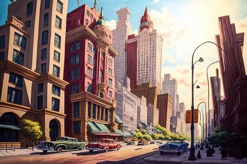 Retro illustration, 1960s cityscape, cartoon town, vehicles on road, city build Stock Illustration
