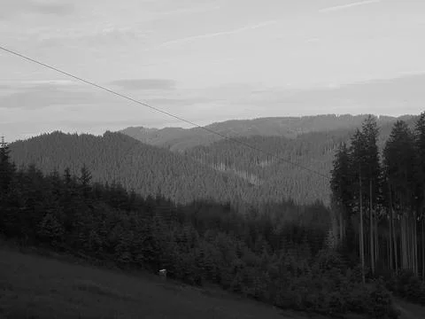 Retro image - Distant landscape covered in evening sunlight. Panoramic Beskydy Stock Photos