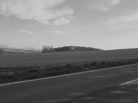 Retro image - Spring meadow,forest and town scenery taken from low position. Foto stock