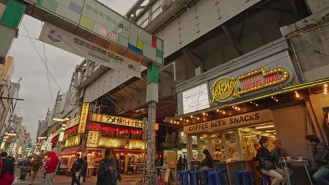 Retro Import Store and Coffee Beer Snacks Bar at Ameyoko Arcade Entrance — Ueno Stock Footage 336450490