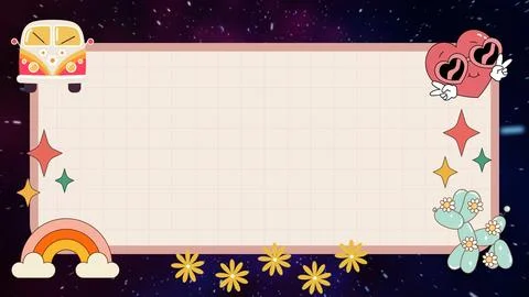 Retro-inspired frame design features playful elements. A vintage van adorns the  Stock Illustration