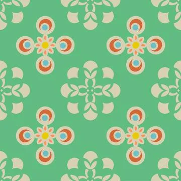 Retro inspired geometric shapes vector repeat pattern in green, beige and ora Stock Illustration