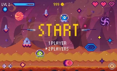 Retro-Inspired Pixel Art Sci-Fi Game Menu with Bright Colours and Playful A.. Stock Illustration
